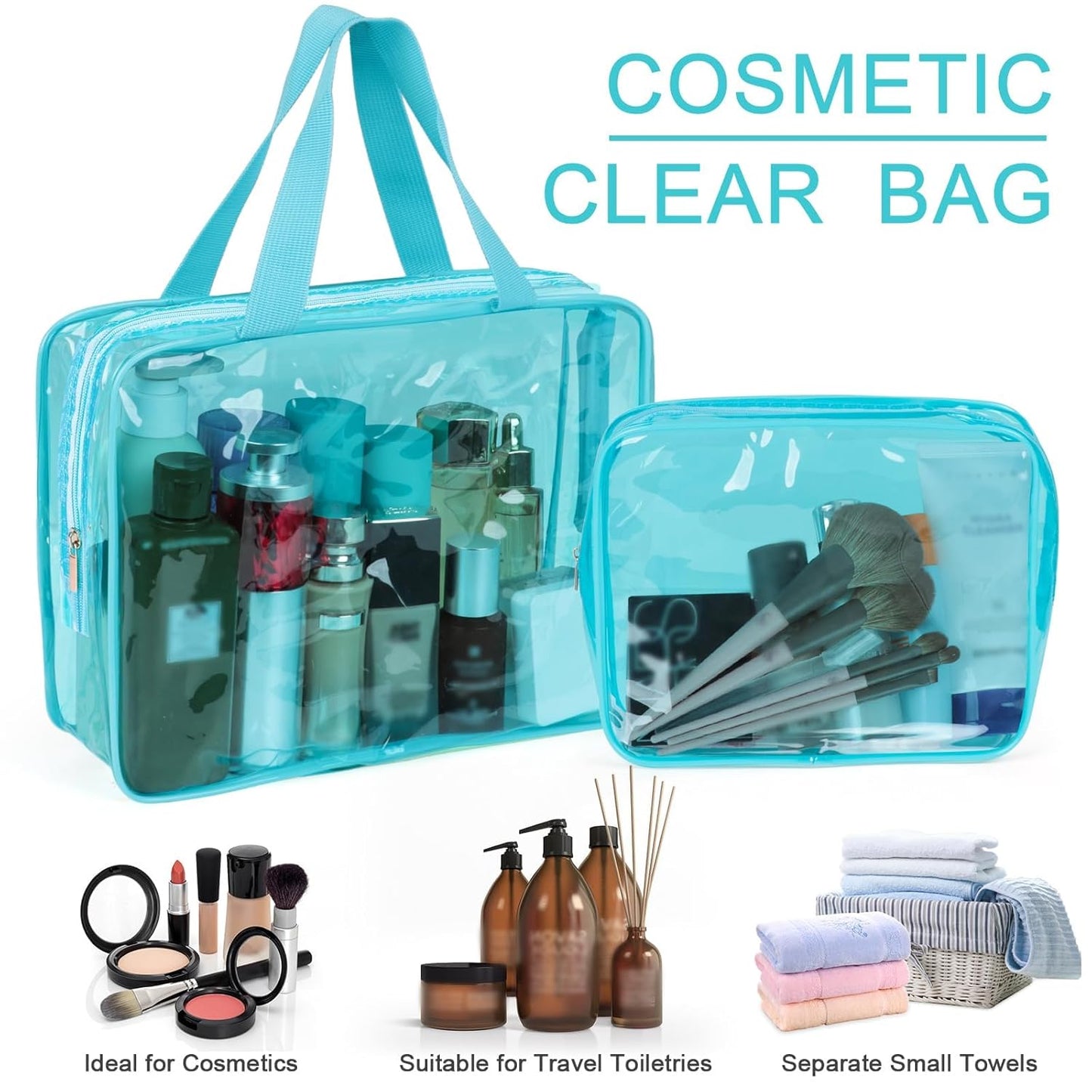 APREUTY Clear Makeup Bags, TSA Approved 6 Pcs Cosmetic Makeup Bags Set Clear PVC with Zipper Handle Portable Travel Luggage Pouch Airport Airline Vacation Organization(Light Blue)