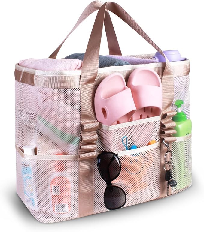 Large Mesh Beach Bag – Lightweight Beach Tote with 9 Pockets, Beach Bag for Women, Men, Family Essentials