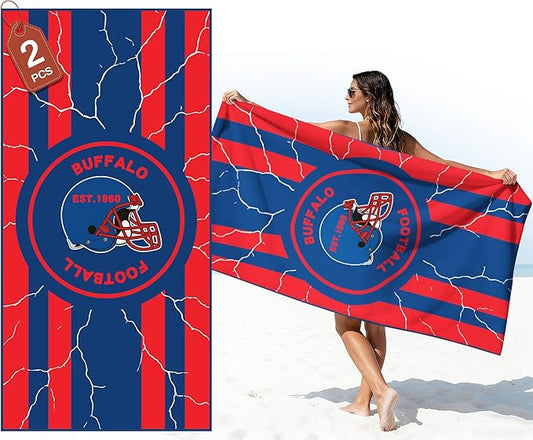 2 Pack Football Fan Thin Lightweight Microfiber Beach Towel Buffalo Themed Men Women Stuff Bills Team Oversized Boyfriend Father Friend Christmas Xmas Gag Cool Personalized Unique Gift