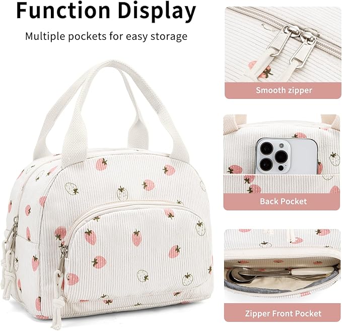 Lunch Bag Women Lunch Box for Women Adult Cute Insulated Lunch Bag Small Cooler Lunch Tote Bags for Work Picnic School (Beige-Light Strawberry)