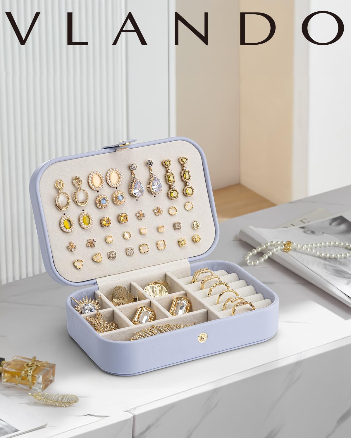 Vlando Travel Jewelry Case for Women Girls Mothers, PU Leather Portable Small Jewelry Box for Rings, Necklaces, Bracelets, Earring Holder Organizer Storage for Travel Gifts Bridesmaid Gifts - Purple