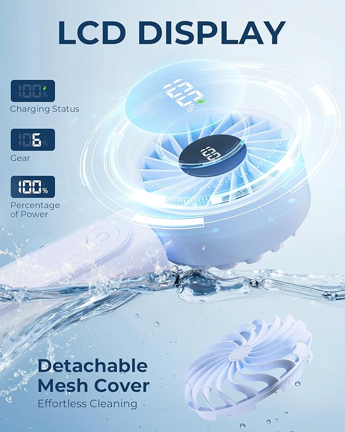 Portable Fan, 4000mAh Rechargeable, 180° Foldable Mini Desk Fan with 6 Wind Speed, LCD Digital Display, Lanyard as Neck Fan, Ultra Quiet, Pocket Size for Indoor Outdoor