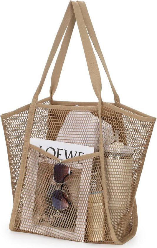 F-color Mesh Beach Bag Family - Large Tote Bag 9 Pockets for Swim Pool Toys Cruise Beach Vacation Essentials