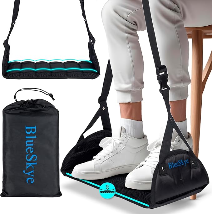 Airplane Foot Hammock for Plane Travel with Flat Base, Airplane Travel Essentials for Long Haul Flying – Foot Rest for use in Car, Office & Home – BlueSkye