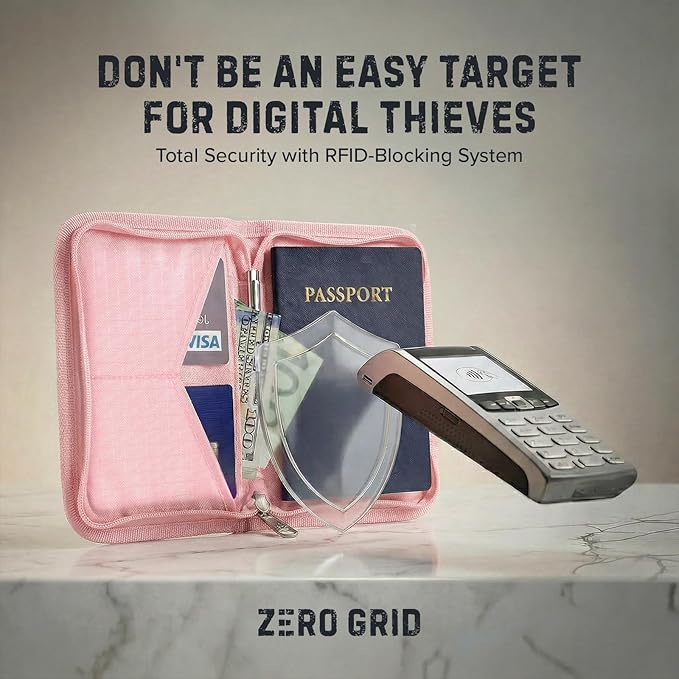 Zero Grid RFID Passport Holder & Travel Wallet, Zippered Wallet for Men & Women, Fits Passport, Cards, Cash, Tickets, ID, Sim Card, AirTag; Premium & Compact Travel Document Holder - Rose Pink