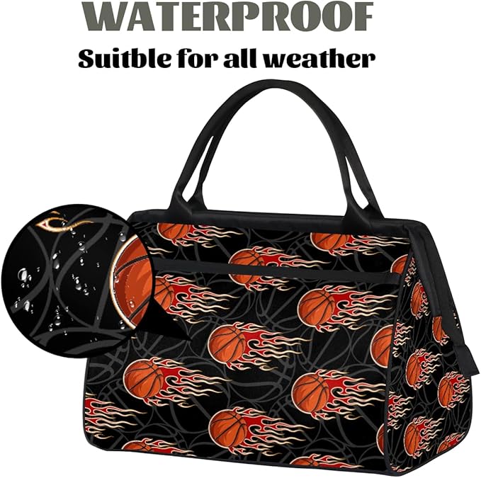 Sports Duffel Bags for Kids - Carry On Travel Gym Bag Waterproof Workout Shoulder Tote for Boys Girls Weekender Overnight Duffel for Swim Dance Camp(Fire Basketball)