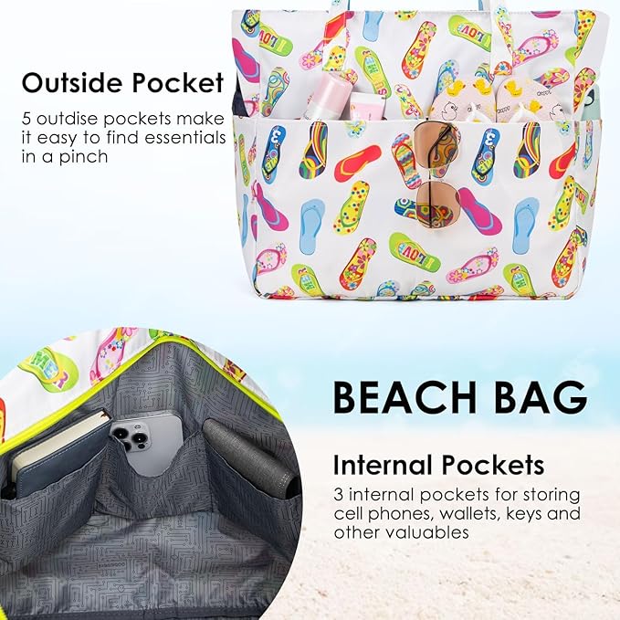 KABAQOO Extra Large Beach Bag Waterproof Sandproof Women Beach Tote with Zipper & Wet Compartment for Pool Gym Grocery Travel