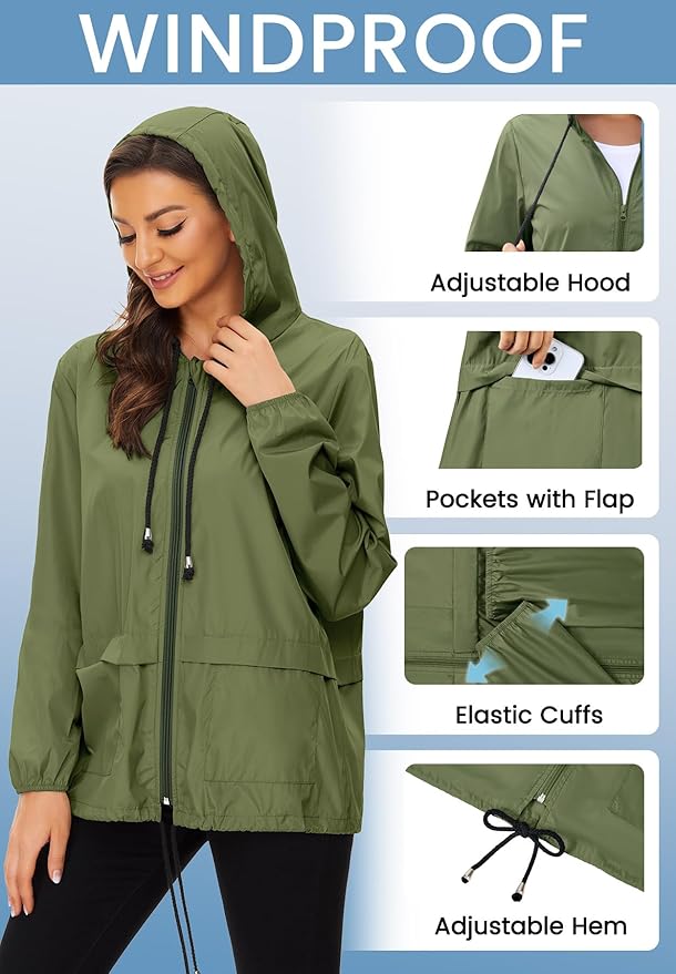 Zando Lightweight Rain Jacket Women Waterproof - Raincoat for Women Packable Rain coat Hooded Windbreaker for Travel Outdoor