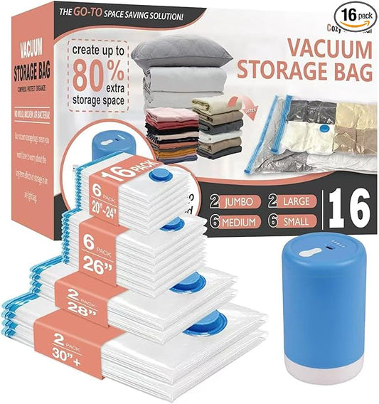 Cozy Essential Travel Vacuum Storage Bags with Rechargeable Cordless Electric Pump, Space Saver Bags for Luggage, Suitcase, Carry-On, for Clothes, Blankets, Comforters, Pillows, 16 Combo