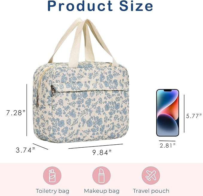 uekeboag Large Size Quilted Coquette Makeup Bag, Cute Preppy Floral Cotton Travel Cosmetic Organizer Bag with Top Handle, Multi-Layer Travel Toiletry Pouch (01Lightblue Flower)