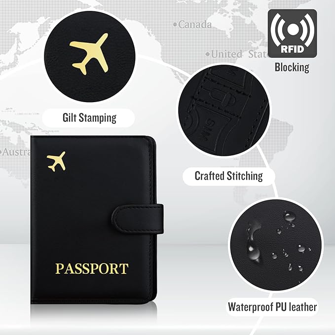 Passport Holder with Airtag Slot Cards Cash Air Ticket Pocket, Travle Gifts for Women Men RFID Blocking Wallet, Passport Book Cover Case Black