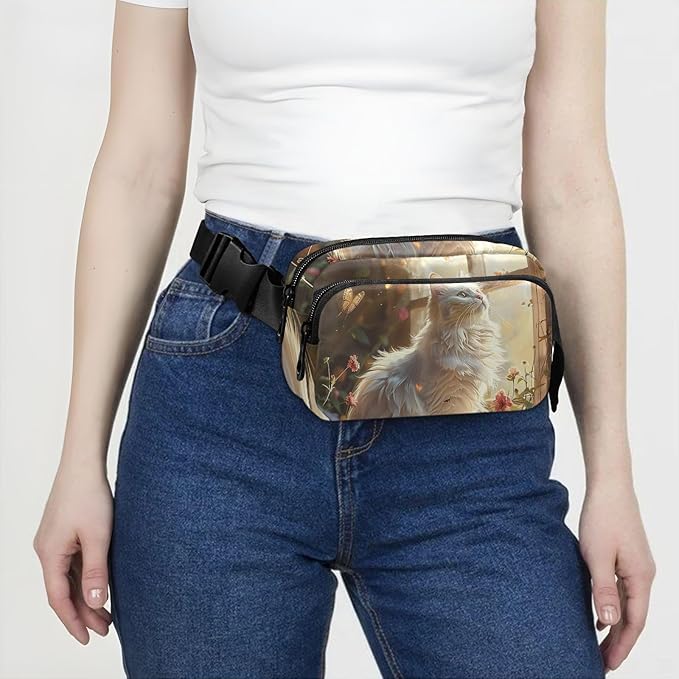 White Cat Sits by Flower Window Fanny Pack for Women Men Water Resistant Fashion Waist Packs with Adjustable Strap Belt Bag for Travel Workout Jogging Hiking 21220536