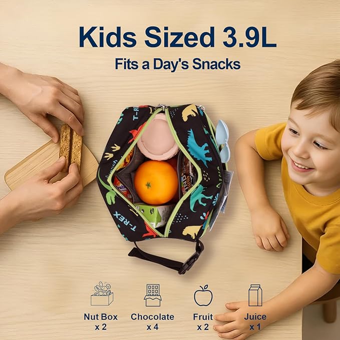 Bagseri Kids Snack Bag Boys - Small Reusable Mini Cooler Pouch, Insulated 3.9L Food Carrier with Buckle Handle for School and Daycare, Fits in Backpack, Black Dinosaur