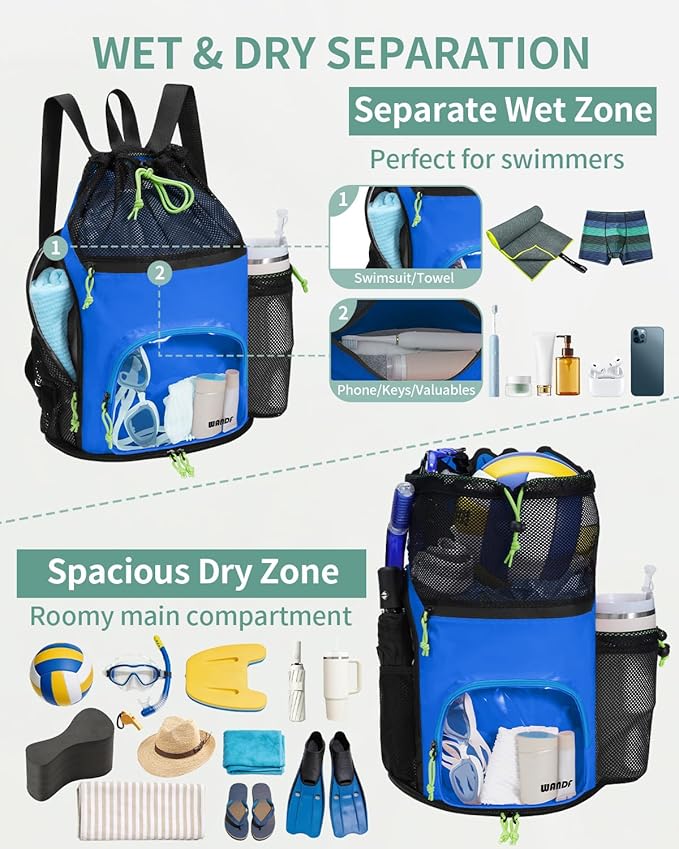 WANDF Swim Bag with Wet Pockets, Sandproof Beach Backpack with 40oz Tumbler Side Pockets, Mesh Drawstring Backpack Swim Bag for Swimming, Pool, Gym and Workout Gear (Blue)