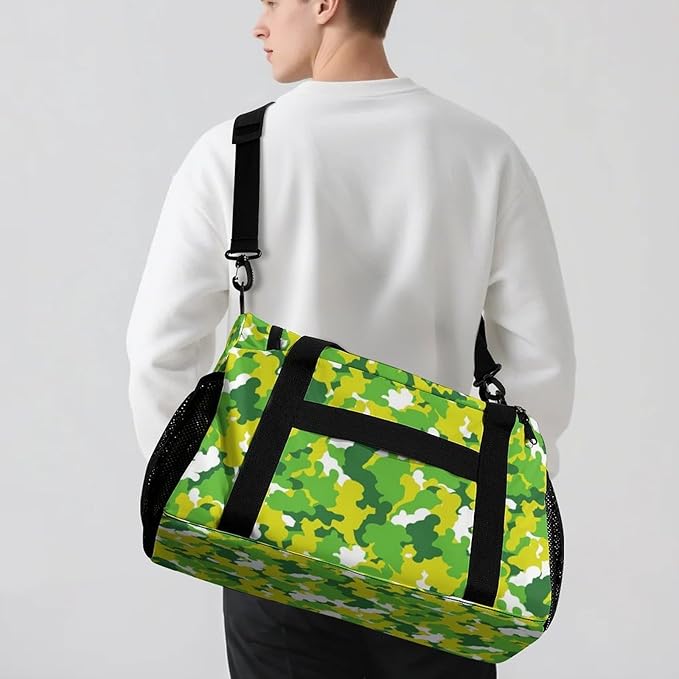 Custom Handheld Crossbody Travel Bag Camouflage Green Yellow Camo Lightweight Gym Bags Duffel Bag with Name Adjustable Shoulder Strap Backpacks