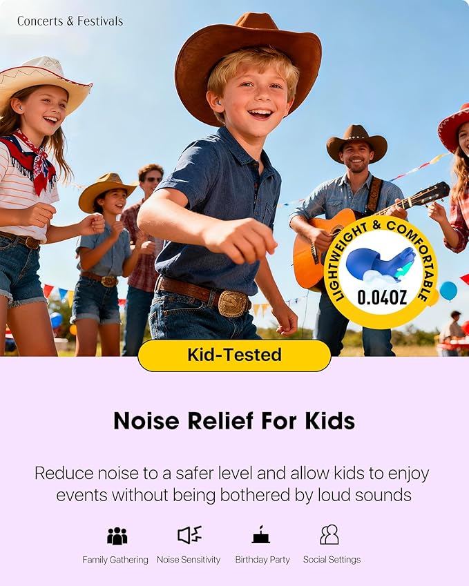 Kids Ear Plugs (6-12 yrs) - Reusable Noise Relief Earplugs for Focus, Travel, Concerts, Sports Events, Noise Sensitivity - 4 Sizes Ear Tips in XS-L, 1 Pair,NDBUGN-K