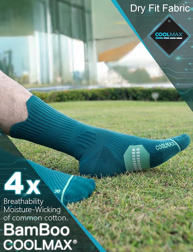 Compression Running Socks, Bamboo Viscose Coolmax Moisture-Wicking Anti-Blister Athletic Hiking Workout Gym Padded