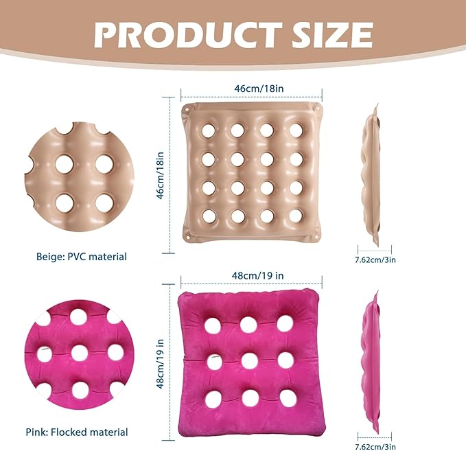 2-Pack Waffle Inflatable Seat Cushions with Pump, 18 Inch Beige 16-Hole Air Cushion for Pressure Relief, Wheelchair, Office Chair, Car Seat & Travel (Red&Beige)
