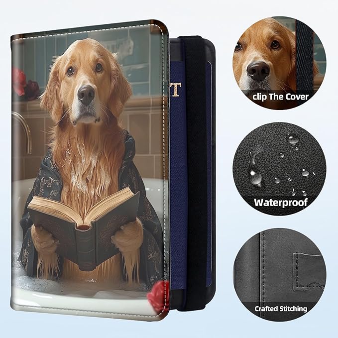 Passport Holder for Travel, RFID Blocking Passport Holder Travel Walle, Passport and Vaccine Card Holder, Vacation Must Haves Travel Accessories for Men Women, Dog Reading in the Bathtub