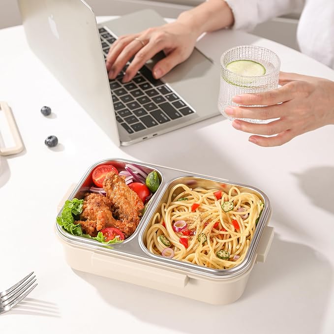 Stainless Steel Lunch Box with 2 Compartments, Leakproof, 30.5 oz Food Storage Containers, Bento Box for Adults,Men,Women(Beige)