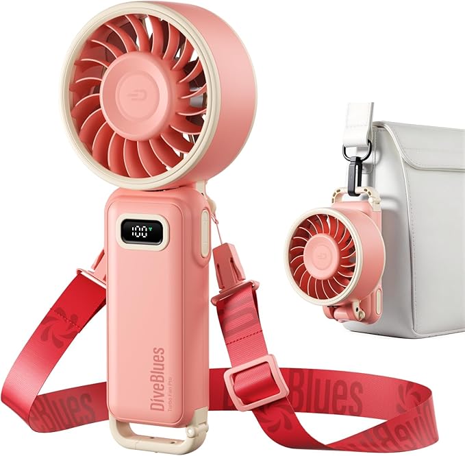 Diveblues Portable Turbo Fan, 7.4m/s High Speed Handheld Fan, 180° Foldable 4-in-1 Personal Neck Fan with Carabiner Clip, 100 Speed Stepless Control, USB-C Rechargeable for Travel, Makeup Hot Flashes