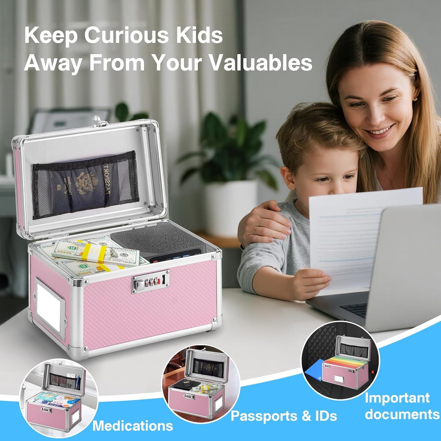 10.2 x 7 x 7.5 Inch Lockable Storage Box with Combination Lock, Portable Safe for Documents, Medicine, Cash & Valuables, Medicine Lock Box with Label Slot for Home, Office & Travel - Pink