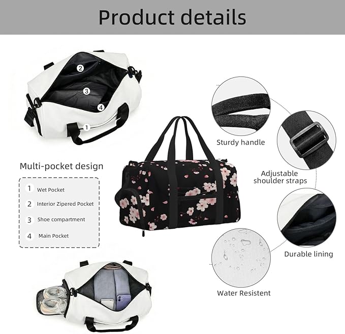 Sports Gym Bag Blossom Pink Cherry Flowers Travel Duffel Bag With Shoe Compartment Shoulder Strap, Lightweight Water-Resistant Weekend Overnight Totes For Women Men