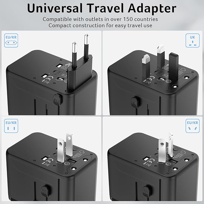 Acer 45W GaN Universal Travel Plug Adapter - International Power Adapter with 3 USB C & 1 USB A, Worldwide Power Outlet Travel Essentials for USA to European UK AUS Ireland, Type C/G/I/A, Black