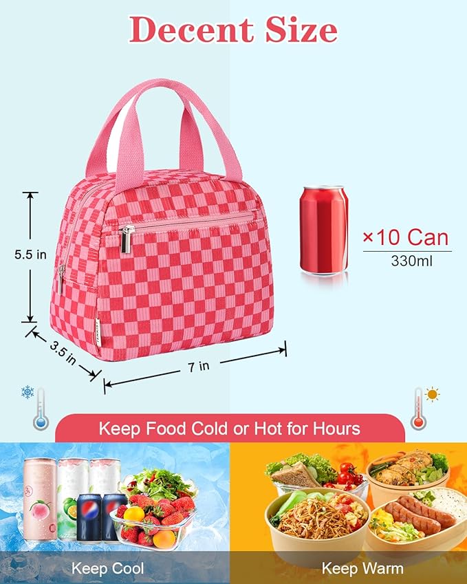 Cute Lunch Box Tote Bag - Corduroy Insulated Cooler Bags for Women - Lightweight Reusable Portable Soft Lunch Pail Kit for Kids Teen Girl Adults Work School Picnic Travel Checkered Pink 8L