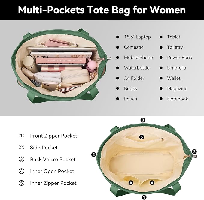 Handbags for Women Large Capacity Tote Bag with Zipper and Multi-Pockets Lightweight Waterproof Nylon Shoulder Bag