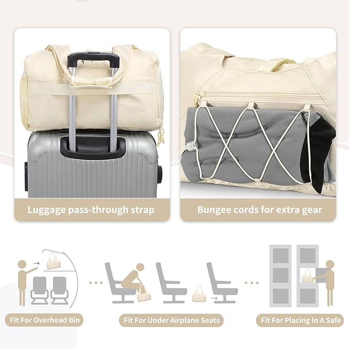 Small Gym Bag for Women, Mini Duffel Bag with Shoe Compartment, Cute Sports Tote Bag Dance Yoga Mat Luggage with Crossbody Water Bottle Bag, Beige