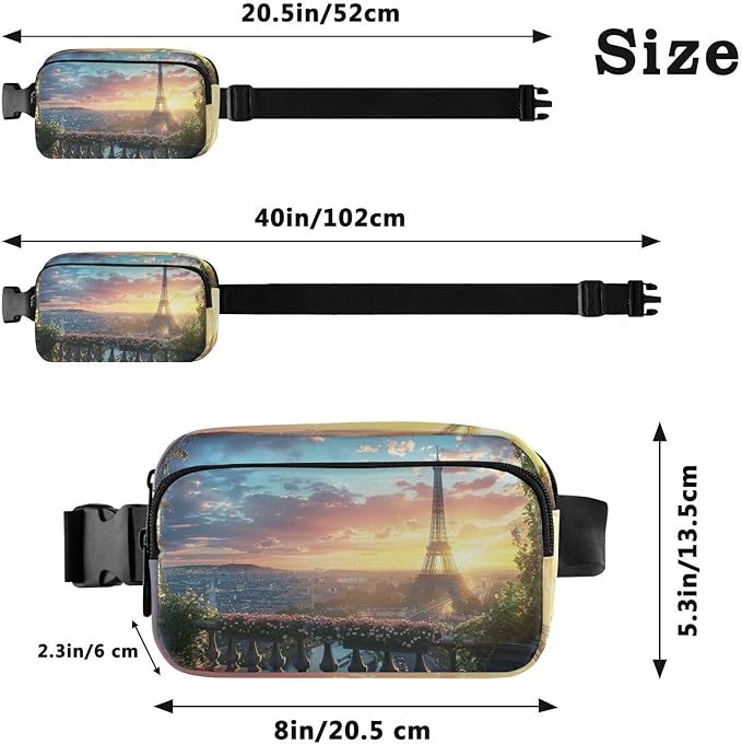 Paris Balcony View Eiffel Tower Fanny Pack for Women Men Water Resistant Fashion Waist Packs with Adjustable Strap Belt Bag for Travel Workout Jogging Hiking 21220606