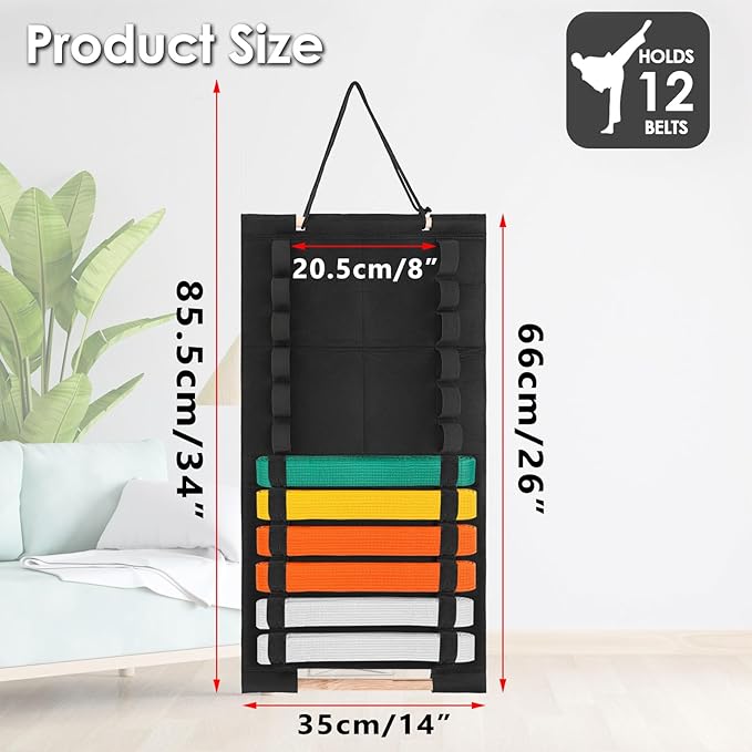 Karate Belt Display Rack, Taekwondo Belt Display Holder with Bamboo Medal Rack, Jiu Jitsu Belt Hanging Holder, Felt Martial Arts Belts Organizer for Taekwondo, Karate, BJJ Learners