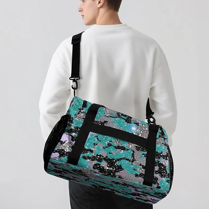Personalized Teal Blue Camouflage Sequin Print Duffle Bags (Can Store Shoes) with Name for Women Man Custom Travel Perform Training Bags