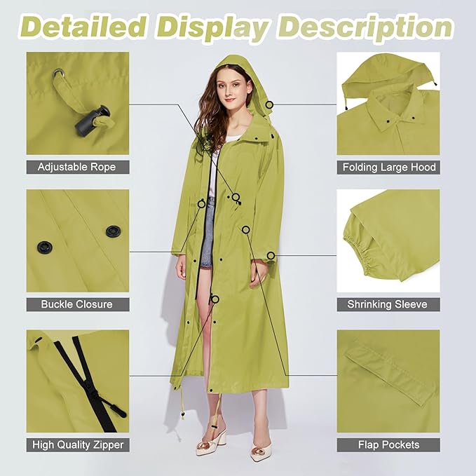 LAMA Womens Long Raincoats Rain Jacket Waterproof Packable Hooded Windbreaker Lightweight Adjustable Waist for Outdoor