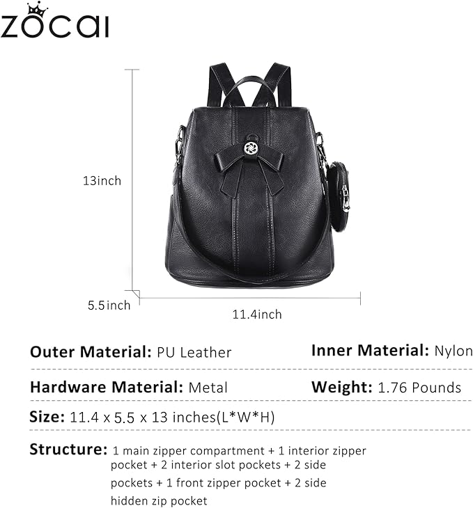 ZOCAI Backpack Purse for Women Fashion Backpack Purses PU Leather Daypacks Anti-Theft Shoulder Bag Satchel Purse