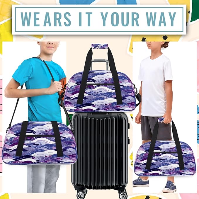 Duffle Bag for Women Men, Purple Wave Flower Texture Gym Bag for Travel Sports, Lightweight Waterproof Weekender Overnight Bags with Adjustable Strap