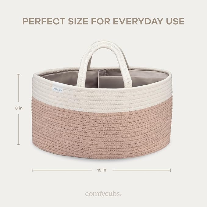 Comfy Cubs Rope Diaper Caddy Organizer 8.5" x 15" x 8" - Large Baby Diaper Basket with 3 Spacious Compartments - Stylish Cotton Baby Caddy Organizer for Diapers, Wipes & Essentials - Blush