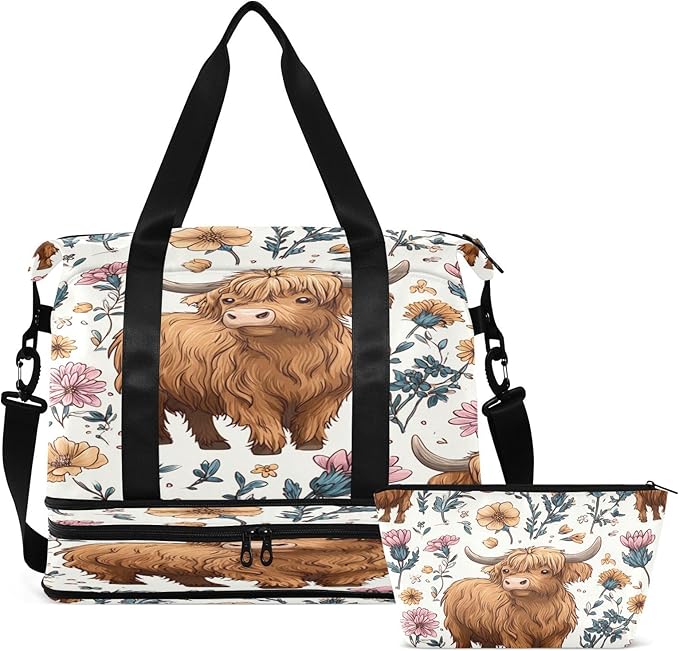 Travel Duffel Bags for Women Highland Cow Floral Print Sports Duffel Bags Gym Bags with Shoes Compartment Tote Bag Weekender Bag for Travelling