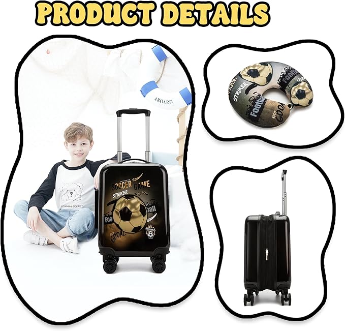 Kid's Football Luggage Set 5 Piece Suitcase Set 16" Hardside Luggage with Spinner Wheels Boys Carry on Toddler Travel Rolling Luggage Airline Approved