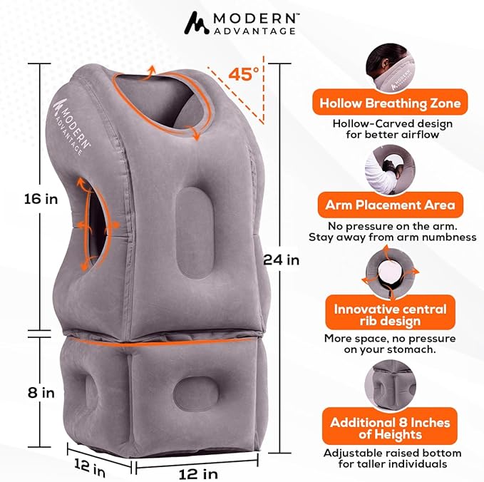Modern Advantage Inflatable Travel Pillow with Adjustable Extra Bottom Support Neck Pillow for Chin & Head Stability Prevents Neck Pain Plane Pillow for Long Flight Travel Eye Mask & Earplugs - Grey