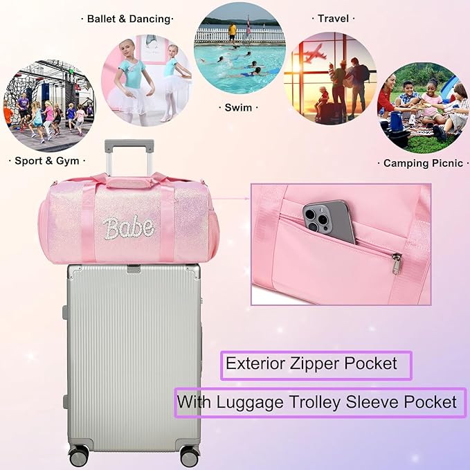 Glitter Dance Bag for Girls Ballet Bag Shiny Sports Duffle Bags with Shoes Compartment and Waterproof Dry Wet Separated Compartment