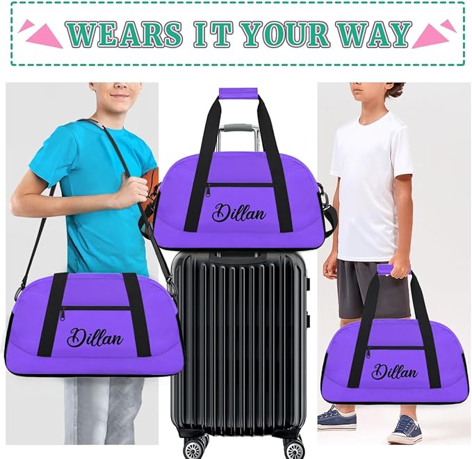 Custom Name Gym Duffel for Kids,Personalized Sports Bag Lightweight Gym Bags for Boys & Girls,Fitness Travel Weekender for Travel, Workout Purple