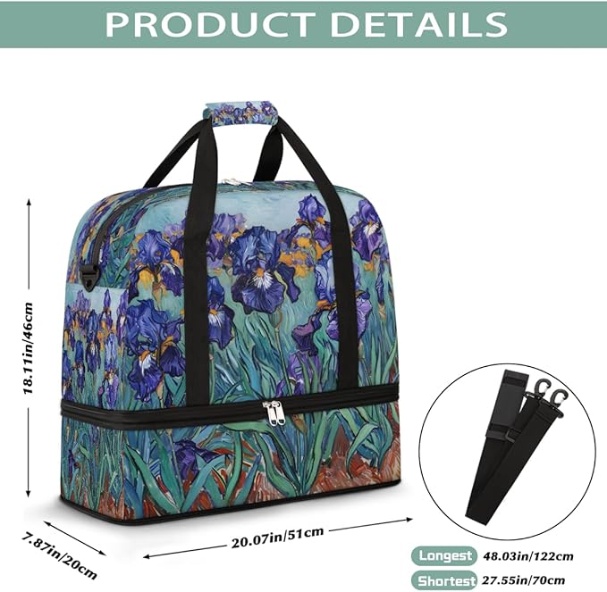 Purple Flowers Green Leaves Large Weekender Bag with Shoe Compartment Travel Duffel Bags for Women Carry On Hospital Overnight Bag Foldable Personal Item Travel Bags Tote Gym Sports Airplanes