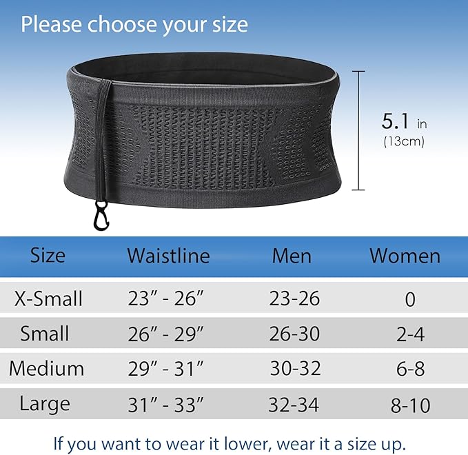 Slim Running Belt, No-Bounce Hidden Waist Pack with 360° Opening for Soft Flask, Cellphones, Keys or Gels, Black, Medium