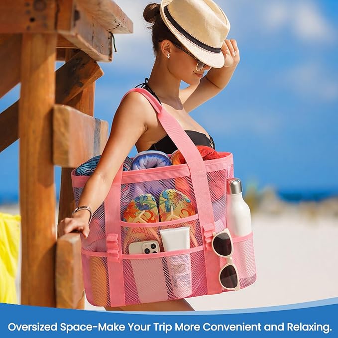 Beach Bag - Mesh Beach Bag Large 8 Pockets, Beach Tote Bag Beach Essentials for Vacation Must Haves