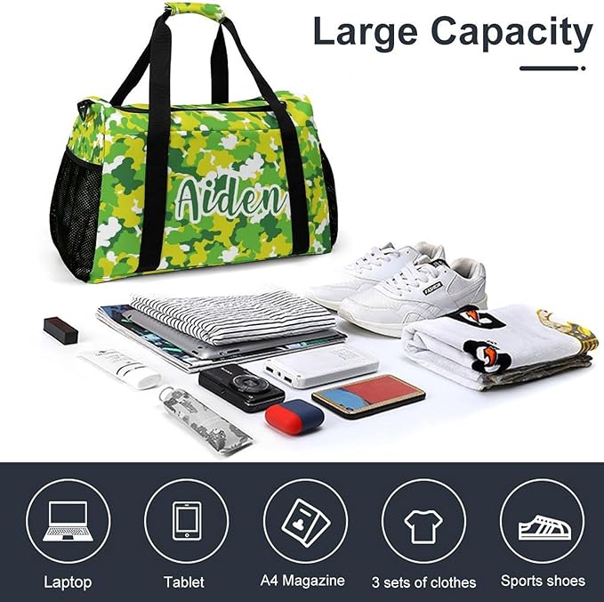 Custom Handheld Crossbody Travel Bag Camouflage Green Yellow Camo Lightweight Gym Bags Duffel Bag with Name Adjustable Shoulder Strap Backpacks