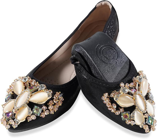 Women Ballet Flats Sparkly Rhinestone Wedding Ballerina Shoes Pointed Toe Foldable Comfort Slip on Flat Dress Shoes
