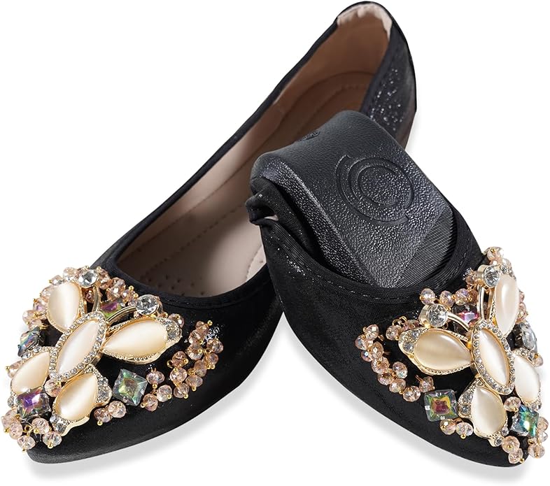 Women Ballet Flats Sparkly Rhinestone Wedding Ballerina Shoes Pointed Toe Foldable Comfort Slip on Flat Dress Shoes