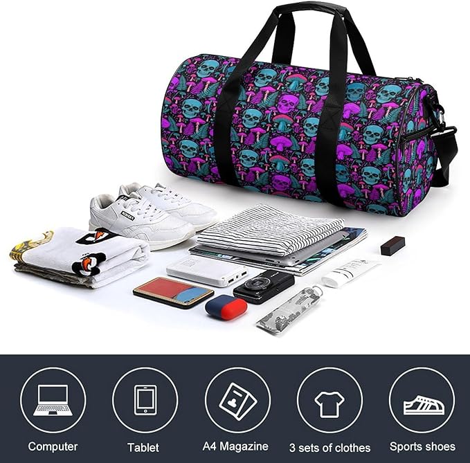 Travel Duffle Bag Purple Leaf Trippy Mushroom Eye Skull Carry On Weekender Bags Workout Lightweight Duffel Bags for Men and Women
